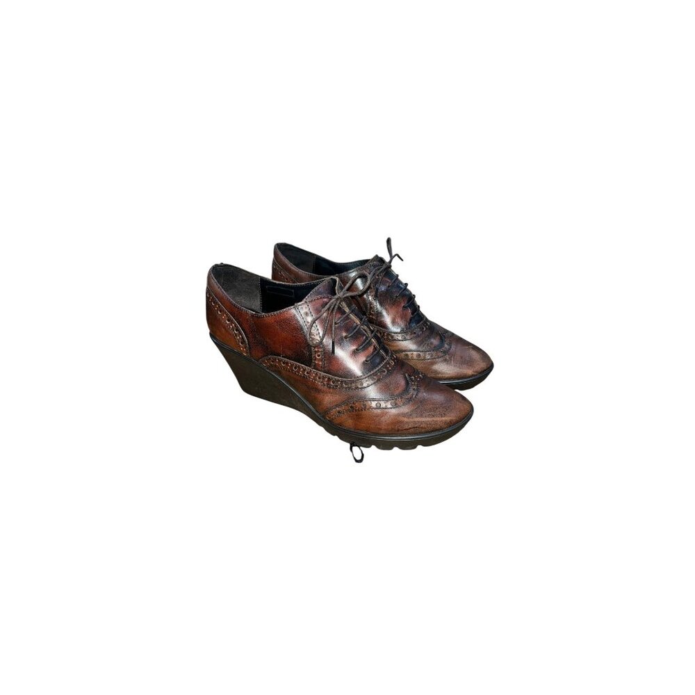 Sesto Meucci Women's 8.5 Wingtip Brown Leather Lace-Up Wedge Shoes Brogue - Picture 2 of 13